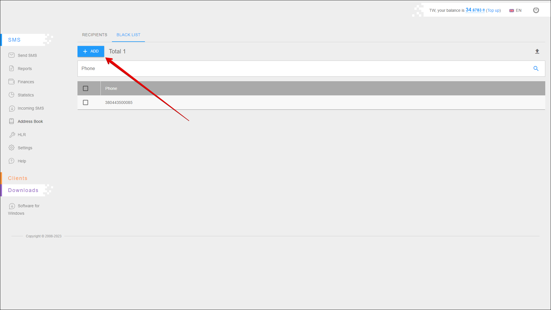 How to create a blacklist of contacts alphasms